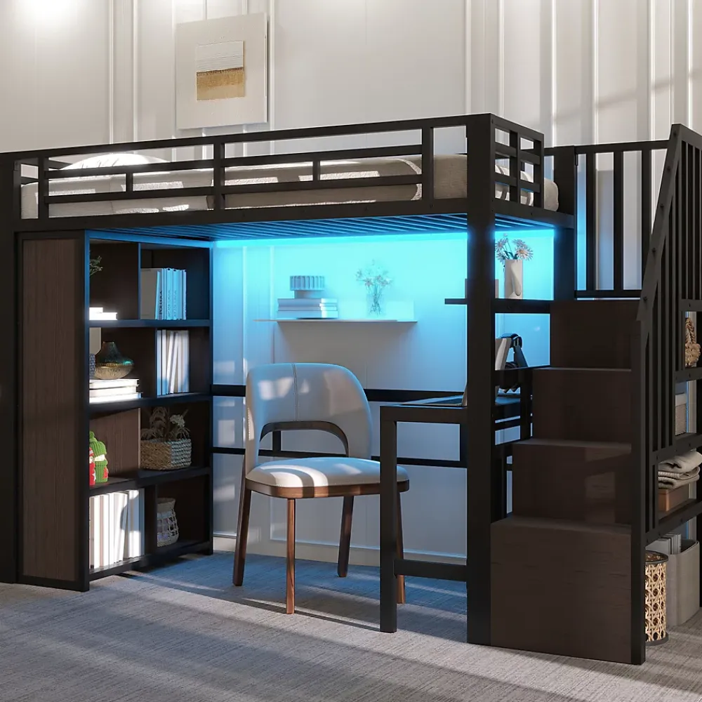 Okwish Lit Mezzanine 90x200 cm - LED Intégrée, Bureau et Rangements avec Escalier de Rangement, Métal/MDF, Noir* Lit Mezzanine
