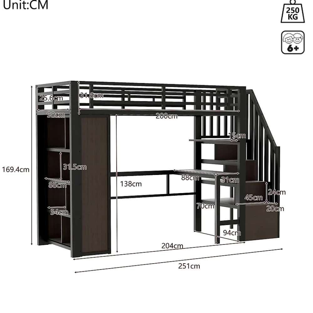 Okwish Lit Mezzanine 90x200 cm - LED Intégrée, Bureau et Rangements avec Escalier de Rangement, Métal/MDF, Noir* Lit Mezzanine
