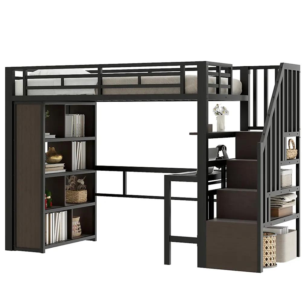 Okwish Lit Mezzanine 90x200 cm - LED Intégrée, Bureau et Rangements avec Escalier de Rangement, Métal/MDF, Noir* Lit Mezzanine