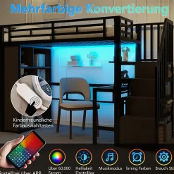 Okwish Lit Mezzanine 90x200 cm - LED Intégrée, Bureau et Rangements avec Escalier de Rangement, Métal/MDF, Noir* Lit Mezzanine