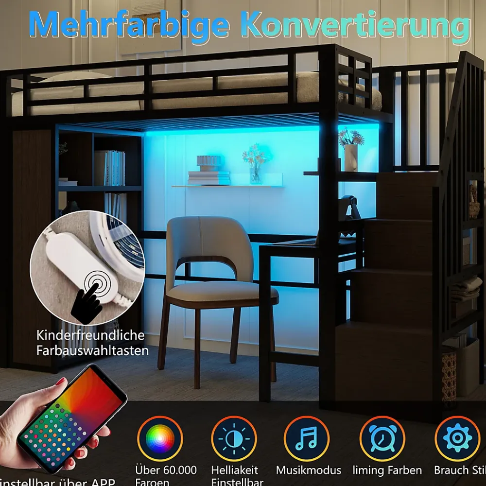 Okwish Lit Mezzanine 90x200 cm - LED Intégrée, Bureau et Rangements avec Escalier de Rangement, Métal/MDF, Noir* Lit Mezzanine