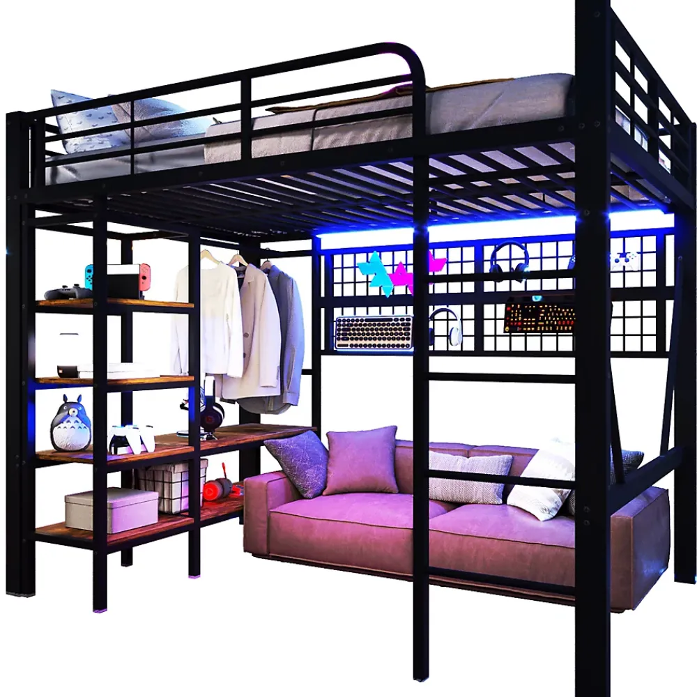 Okwish Lit Mezzanine 140x200 cm - LED Intégrée, Étagères et Rangements avec Portant Vêtements, Espace Ouvert sous Lit, Métal/MDF, No* Lit Mezzanine