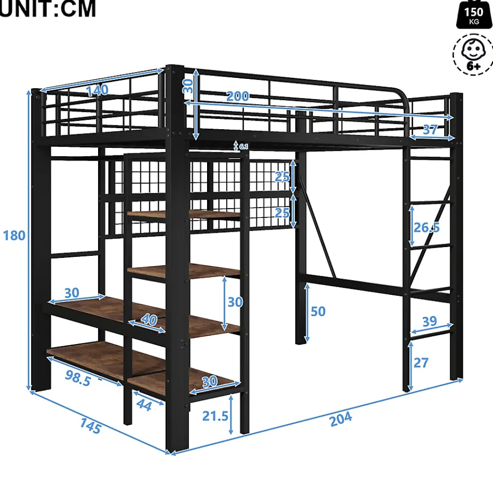 Okwish Lit Mezzanine 140x200 cm - LED Intégrée, Étagères et Rangements avec Portant Vêtements, Espace Ouvert sous Lit, Métal/MDF, No* Lit Mezzanine