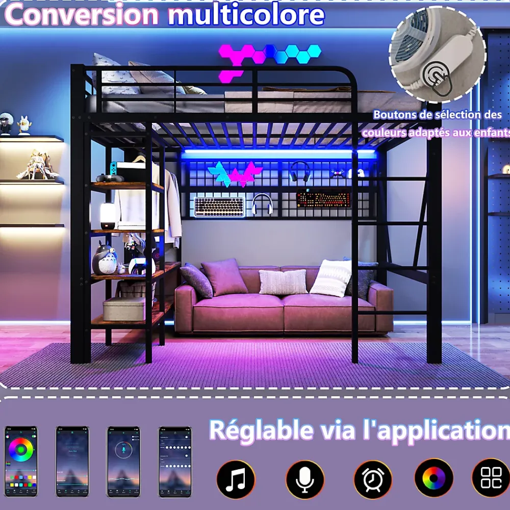 Okwish Lit Mezzanine 140x200 cm - LED Intégrée, Étagères et Rangements avec Portant Vêtements, Espace Ouvert sous Lit, Métal/MDF, No* Lit Mezzanine