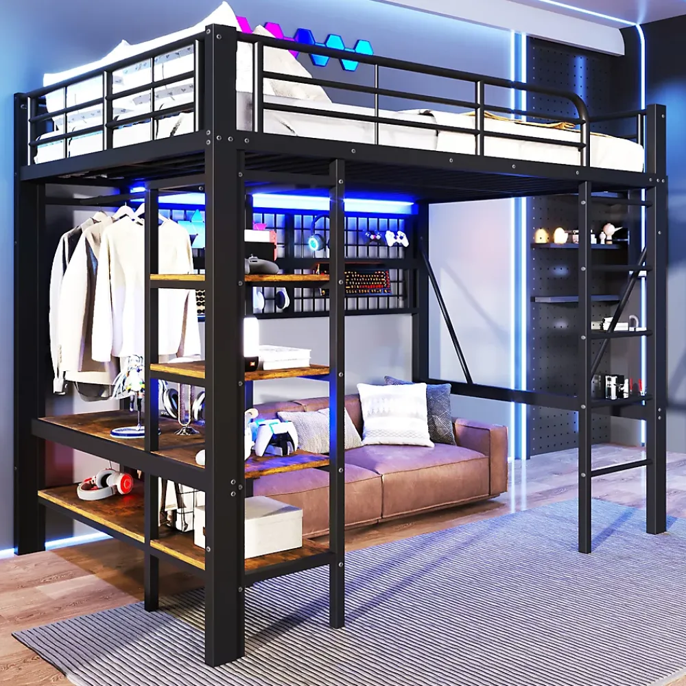 Okwish Lit Mezzanine 140x200 cm - LED Intégrée, Étagères et Rangements avec Portant Vêtements, Espace Ouvert sous Lit, Métal/MDF, No* Lit Mezzanine