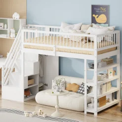 Lit mezzanine 90x200 cm - Lit ados avec clôture, penderie et étagères - Bois - Sans matelas - Blanc>Okwish Clearance