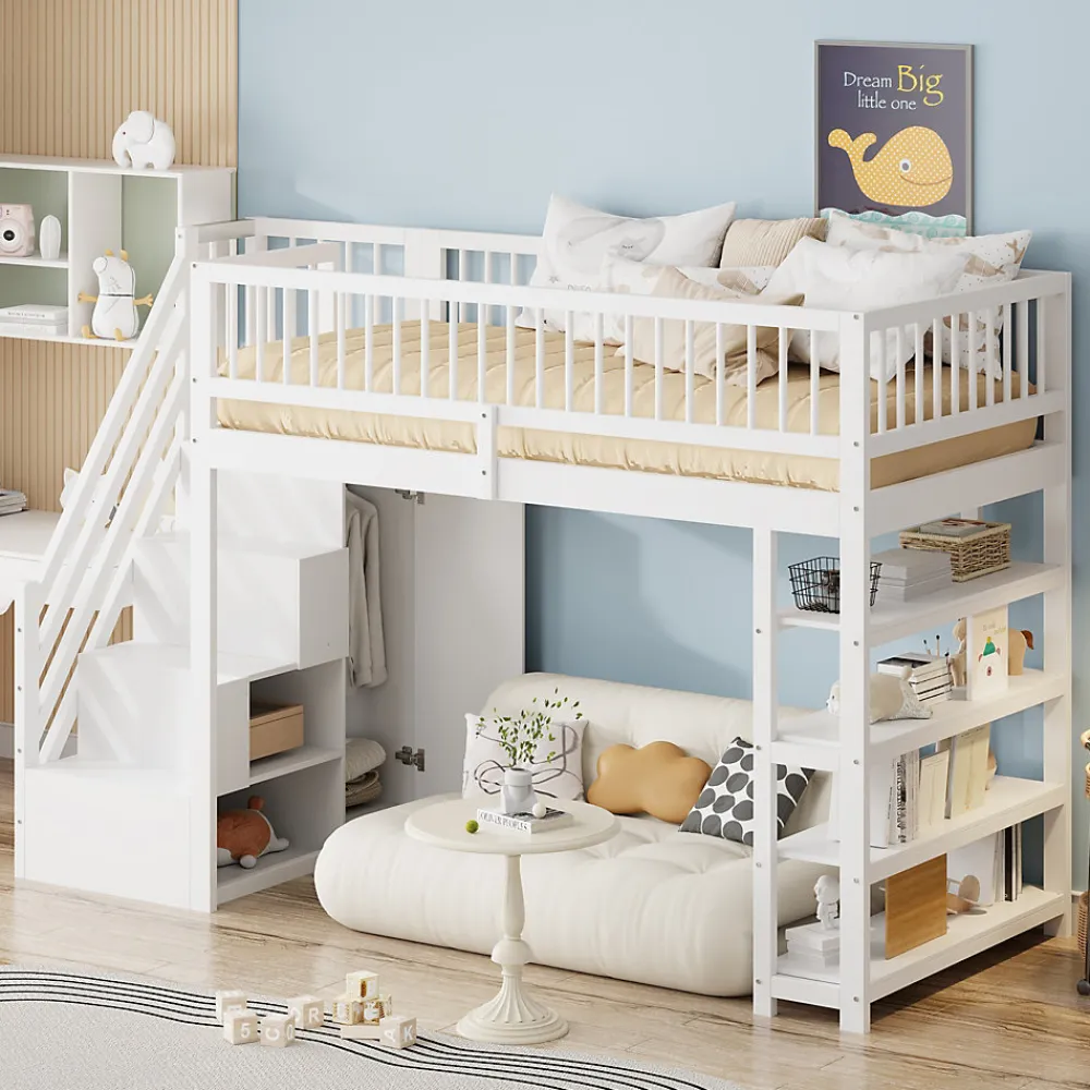 Lit mezzanine 90x200 cm - Lit ados avec clôture, penderie et étagères - Bois - Sans matelas - Blanc>Okwish Clearance