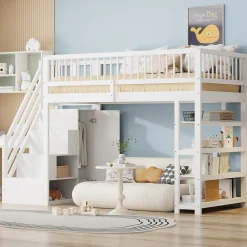 Lit mezzanine 90x200 cm - Lit ados avec clôture, penderie et étagères - Bois - Sans matelas - Blanc>Okwish Clearance