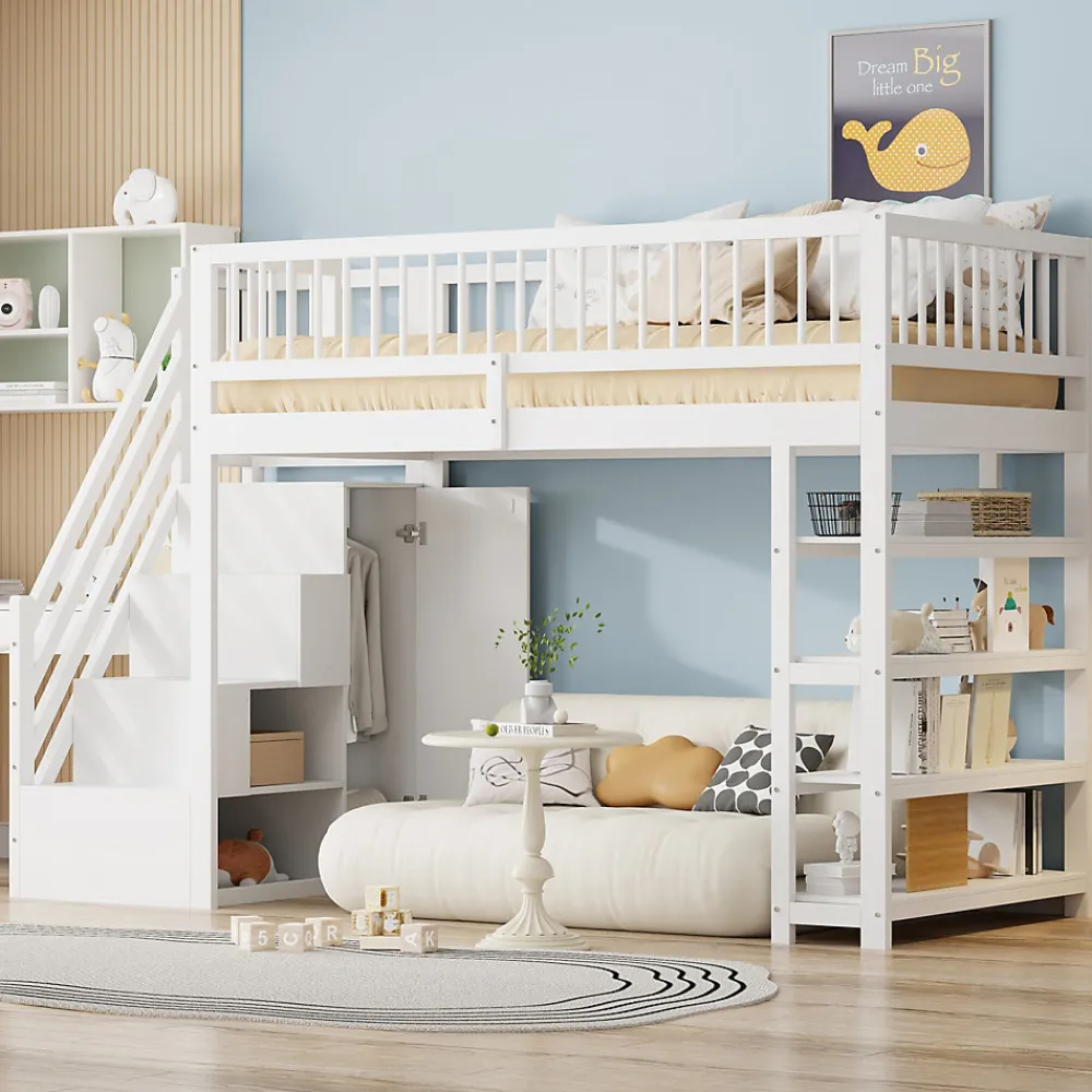 Lit mezzanine 90x200 cm - Lit ados avec clôture, penderie et étagères - Bois - Sans matelas - Blanc>Okwish Clearance