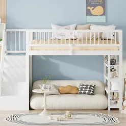Lit mezzanine 90x200 cm - Lit ados avec clôture, penderie et étagères - Bois - Sans matelas - Blanc><noscript><img width=