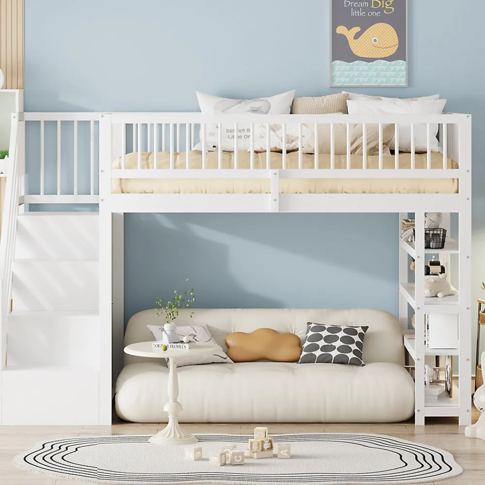 Lit mezzanine 90x200 cm - Lit ados avec clôture, penderie et étagères - Bois - Sans matelas - Blanc>Okwish Clearance