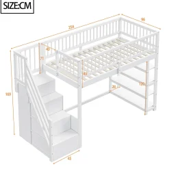 Lit mezzanine 90x200 cm - Lit ados avec clôture, penderie et étagères - Bois - Sans matelas - Blanc><noscript><img width=