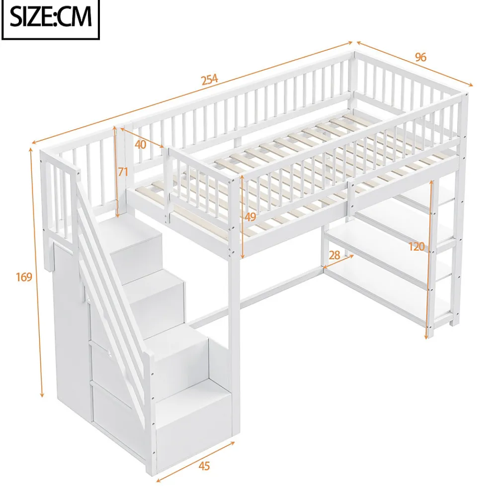 Lit mezzanine 90x200 cm - Lit ados avec clôture, penderie et étagères - Bois - Sans matelas - Blanc>Okwish Clearance