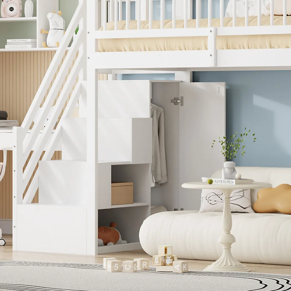 Lit mezzanine 90x200 cm - Lit ados avec clôture, penderie et étagères - Bois - Sans matelas - Blanc>Okwish Clearance