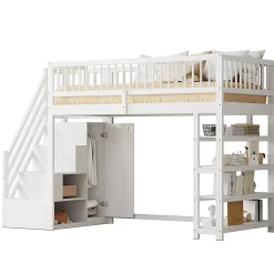 Lit mezzanine 90x200 cm - Lit ados avec clôture, penderie et étagères - Bois - Sans matelas - Blanc><noscript><img width=