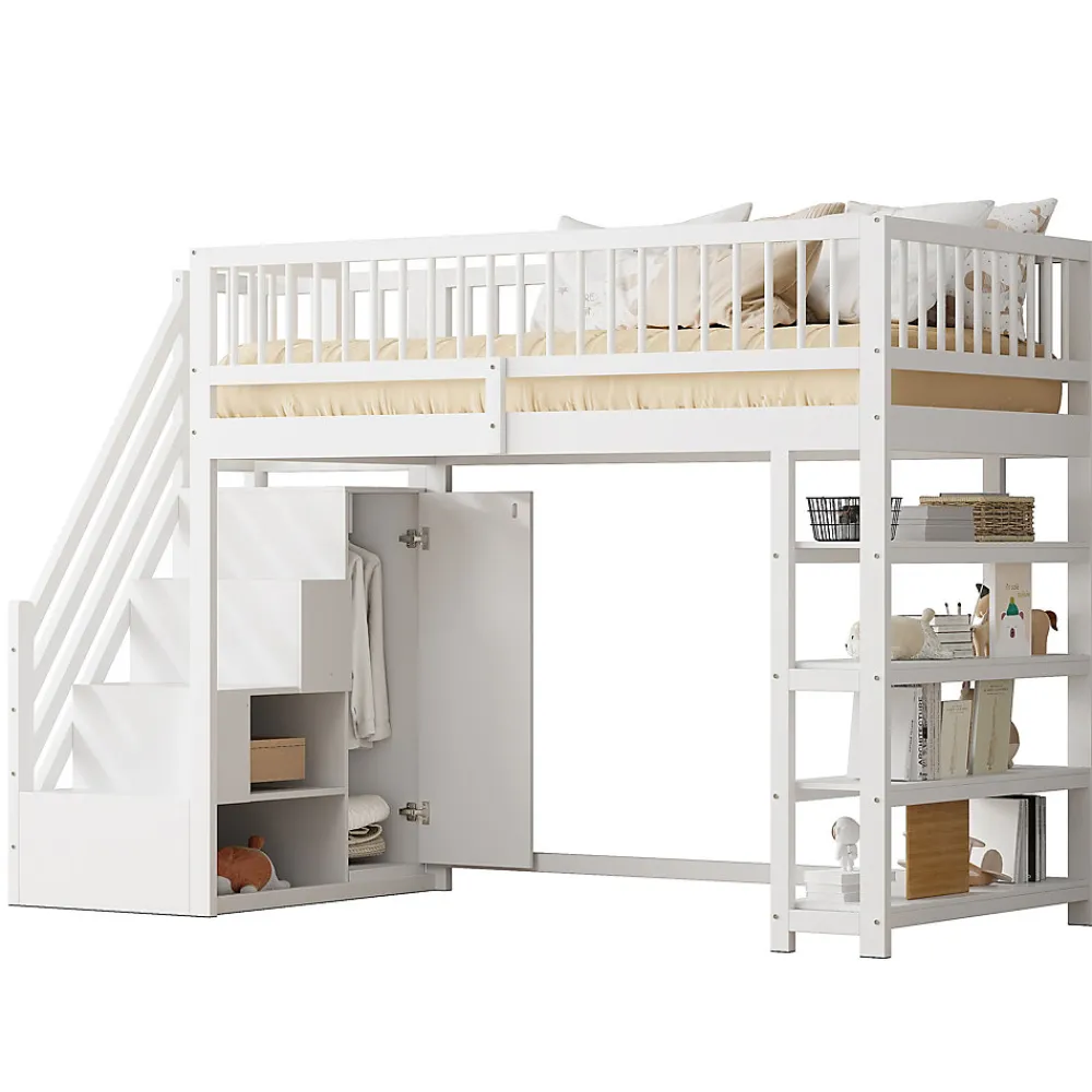 Lit mezzanine 90x200 cm - Lit ados avec clôture, penderie et étagères - Bois - Sans matelas - Blanc>Okwish Clearance