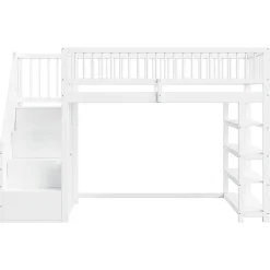 Lit mezzanine 90x200 cm - Lit ados avec clôture, penderie et étagères - Bois - Sans matelas - Blanc><noscript><img width=