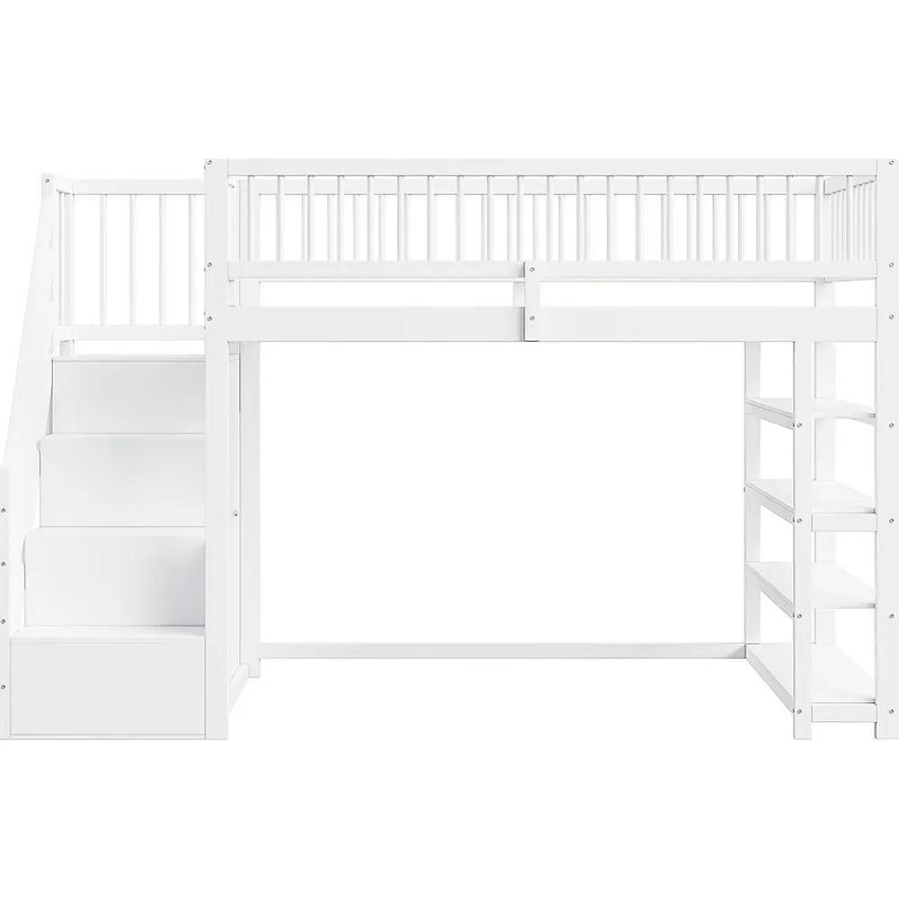 Lit mezzanine 90x200 cm - Lit ados avec clôture, penderie et étagères - Bois - Sans matelas - Blanc>Okwish Clearance