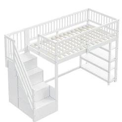 Lit mezzanine 90x200 cm - Lit ados avec clôture, penderie et étagères - Bois - Sans matelas - Blanc><noscript><img width=