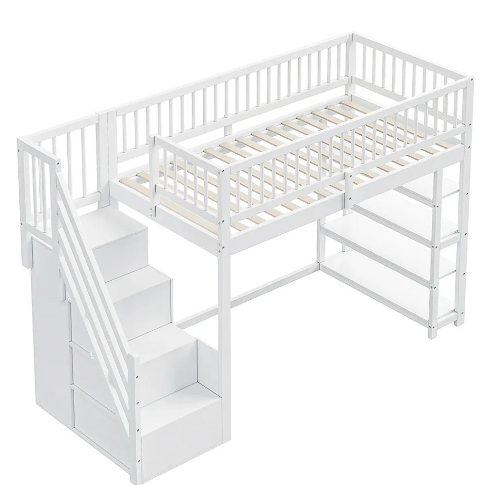 Lit mezzanine 90x200 cm - Lit ados avec clôture, penderie et étagères - Bois - Sans matelas - Blanc>Okwish Clearance