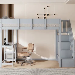 Okwish Lit mezzanine 90x200 cm - Lit avec rangement et étagère intégrée - Pin massif - Sans matelas - Gris* Lit Mezzanine