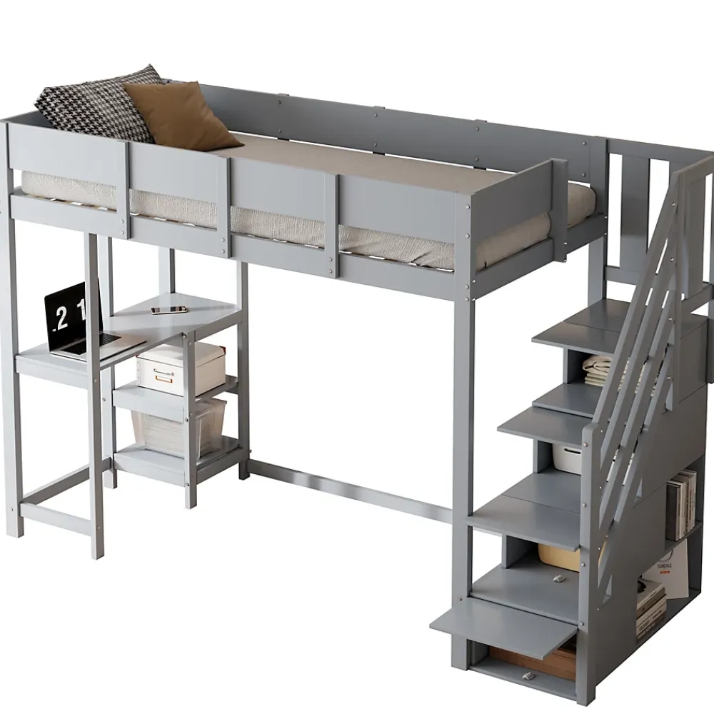 Okwish Lit mezzanine 90x200 cm - Lit avec rangement et étagère intégrée - Pin massif - Sans matelas - Gris* Lit Mezzanine