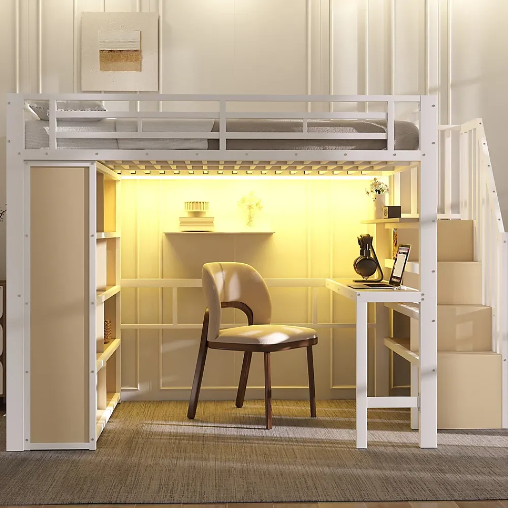 Okwish Lit Mezzanine 140x200 cm - Lit Ado avec Bureau Intégré, LED et Escalier de Rangement, Métal + MDF, Blanc* Lit Mezzanine