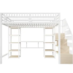 Okwish Lit Mezzanine 140x200 cm - Lit Ado Double avec Bureau, Escalier Rangement et LED - Métal et MDF - sans Matelas - Blanc* Lit Mezzanine