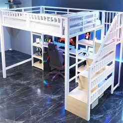 Okwish Lit Mezzanine 140x200 cm - Lit Ado Double avec Bureau, Escalier Rangement et LED - Métal et MDF - sans Matelas - Blanc* Lit Mezzanine