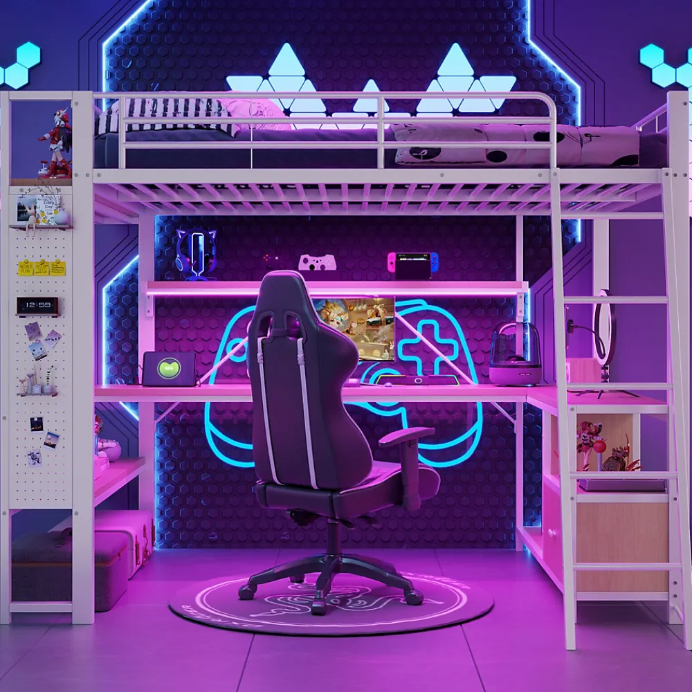Lit Mezzanine 140x200 cm - Lit Ado avec Bureau Intégré, LED et Ports USB, Panneau Perforé et Rangement, Métal + MDF, Blanc>Okwish Clearance