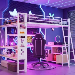Lit Mezzanine 140x200 cm - Lit Ado avec Bureau Intégré, LED et Ports USB, Panneau Perforé et Rangement, Métal + MDF, Blanc><noscript><img width=