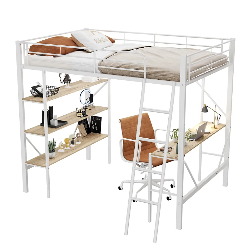 Okwish Lit mezzanine 90x200 cm - Lit avec bureau intégré - Structure métal - Sans matelas - Blanc* Lit Mezzanine