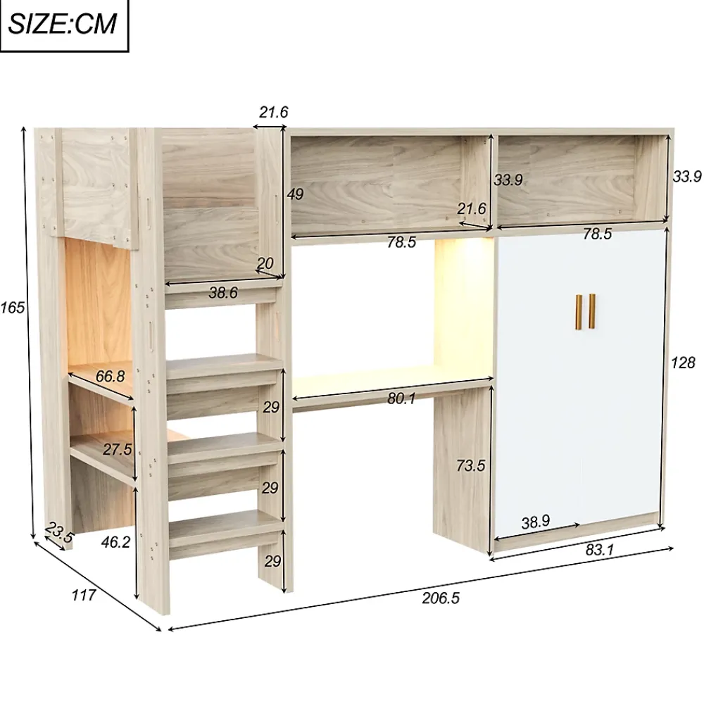 Okwish Lit Mezzanine 90x200 cm - Lit Ado avec Bureau et Armoire Intégrés, Échelle et LED - Sommier Inclus - Sans Matelas - Bois Naturel* Lit Mezzanine