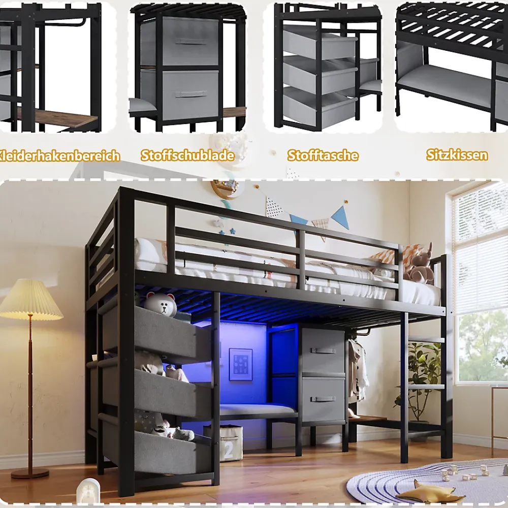 Okwish Lit Mezzanine 90x200 cm - Lit Ado avec LED Intégrée, Tiroirs en Tissu et Crochets pour Vêtements, en Métal - Sans Matelas Noir* Lit Mezzanine