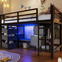 Okwish Lit Mezzanine 90x200 cm - Lit Ado avec LED Intégrée, Tiroirs en Tissu et Crochets pour Vêtements, en Métal - Sans Matelas Noir* Lit Mezzanine