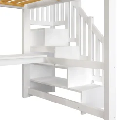 Okwish Lit Mezzanine 140x200 cm - Lit Adulte avec Bureau et Armoire, Escalier de Rangement, LED et USB - sans Matelas - Blanc* Lit Mezzanine