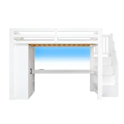 Okwish Lit Mezzanine 140x200 cm - Lit Adulte avec Bureau et Armoire, Escalier de Rangement, LED et USB - sans Matelas - Blanc* Lit Mezzanine