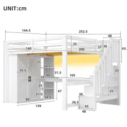 Okwish Lit Mezzanine 140x200 cm - Lit Adulte avec Bureau et Armoire, Escalier de Rangement, LED et USB - sans Matelas - Blanc* Lit Mezzanine
