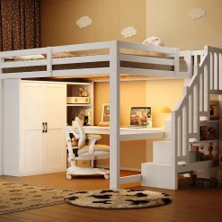 Okwish Lit Mezzanine 140x200 cm - Lit Adulte avec Bureau et Armoire, Escalier de Rangement, LED et USB - sans Matelas - Blanc* Lit Mezzanine