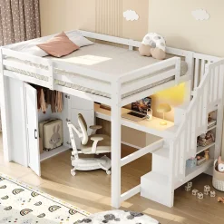 Okwish Lit Mezzanine 140x200 cm - Lit Adulte avec Bureau et Armoire, Escalier de Rangement, LED et USB - sans Matelas - Blanc* Lit Mezzanine