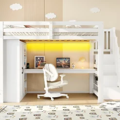 Okwish Lit Mezzanine 140x200 cm - Lit Adulte avec Bureau et Armoire, Escalier de Rangement, LED et USB - sans Matelas - Blanc* Lit Mezzanine