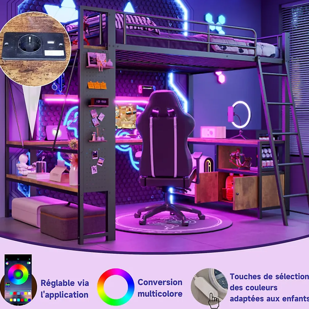 Okwish Lit Mezzanine 140x200 cm - Lit Ado avec Bureau Intégré, LED et Ports USB, Panneau Perforé et Rangement, Métal + MDF, Noir* Lit Mezzanine