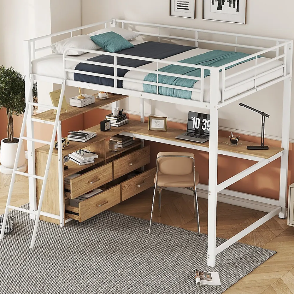 Okwish Lit Mezzanine 140x200 cm - Lit avec Rangement et Bureau en L, Lit Junior en Métal, Sans Matelas - Blanc* Lit Mezzanine