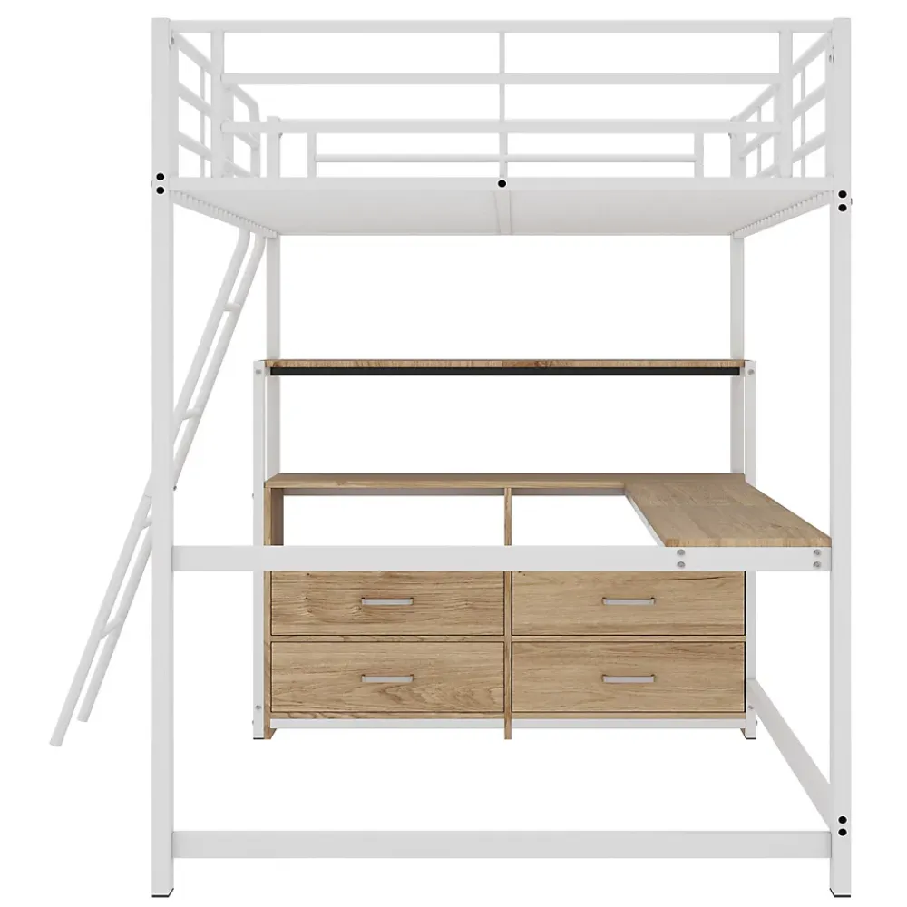 Okwish Lit Mezzanine 140x200 cm - Lit avec Rangement et Bureau en L, Lit Junior en Métal, Sans Matelas - Blanc* Lit Mezzanine