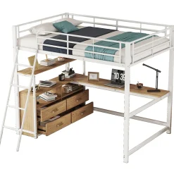 Okwish Lit Mezzanine 140x200 cm - Lit avec Rangement et Bureau en L, Lit Junior en Métal, Sans Matelas - Blanc* Lit Mezzanine