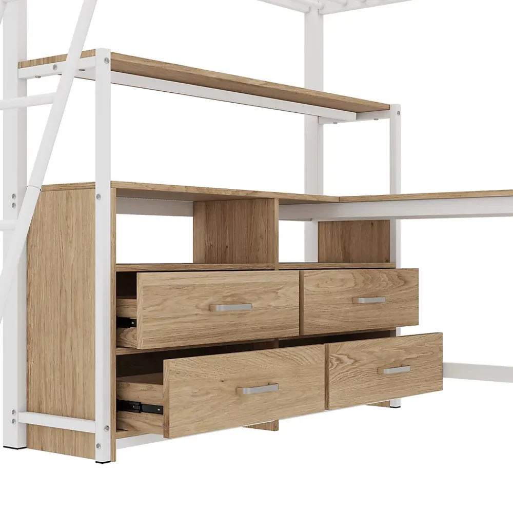 Okwish Lit Mezzanine 140x200 cm - Lit avec Rangement et Bureau en L, Lit Junior en Métal, Sans Matelas - Blanc* Lit Mezzanine