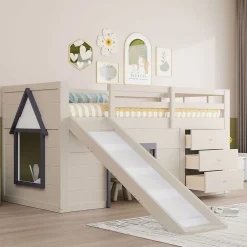 Lit mezzanine 90x200 cm - Lit avec rangement et toboggan - MDF et Pin - Sans matelas - Crème>Okwish Outlet