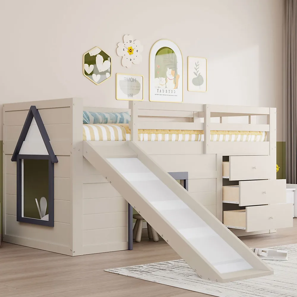 Lit mezzanine 90x200 cm - Lit avec rangement et toboggan - MDF et Pin - Sans matelas - Crème>Okwish Outlet