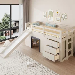 Lit mezzanine 90x200 cm - Lit avec rangement et toboggan - MDF et Pin - Sans matelas - Crème>Okwish Outlet