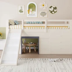 Lit mezzanine 90x200 cm - Lit avec rangement et toboggan - MDF et Pin - Sans matelas - Crème><noscript><img width=